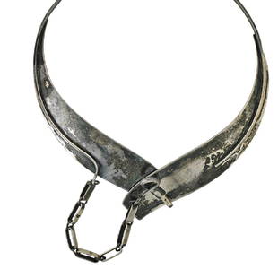 PAUL LOBEL PATINATED STERLING COLLAR NECKLACE: Two tapered panels joined at the front, with a chained pin. Ca. 1960. Stamped Lobel. 15". 66.3 gs.