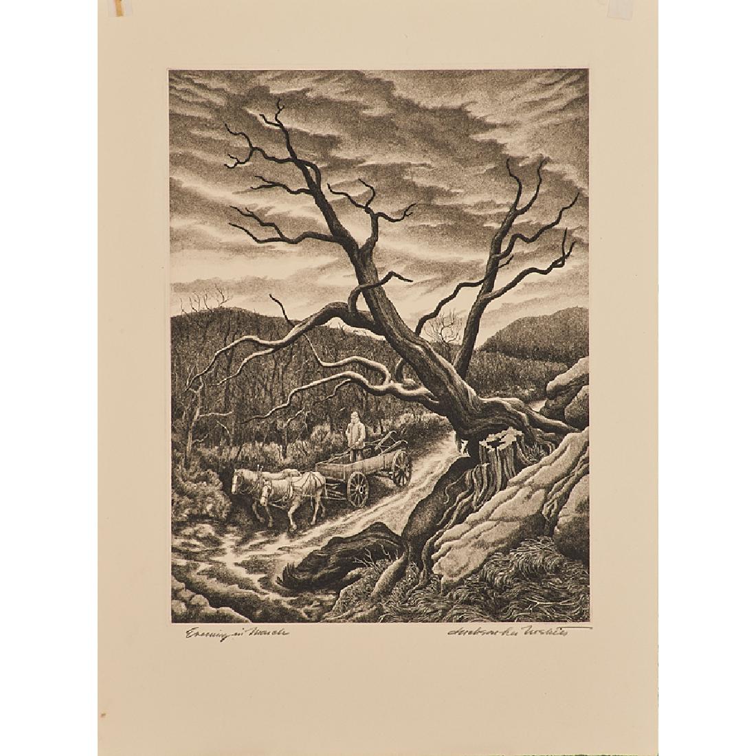 JACKSON LEE NESBITT (American, 1913-2008): Etching "Evening in March," 1942 (unframed) Signed and titled Publisher: Associated American Artists, New York 11 3/4" x 9" (plate)
