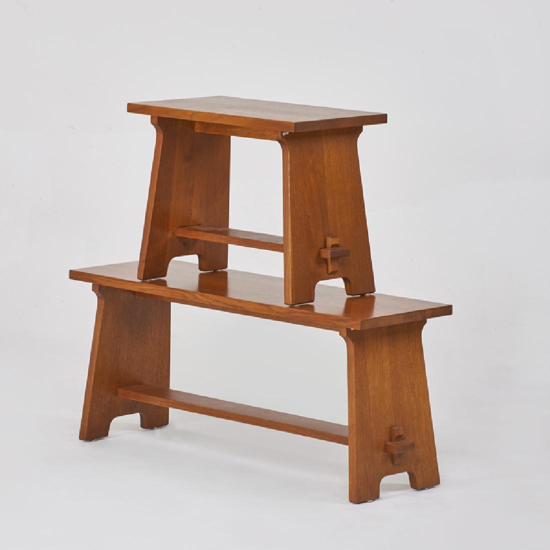 STICKLEY; E.J. AUDI: Two trestle benches, Manlius, NY, 2000s Metal tag, branded mark Longer: 18 1/4" x 42" x 13", shorter: 18 1/4" x 24" x 13"