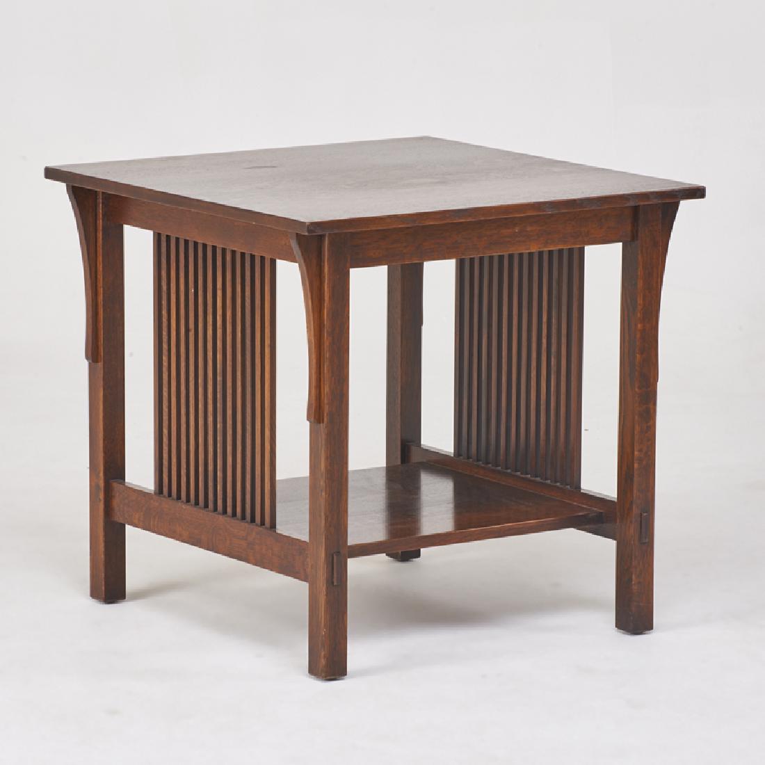 STICKLEY; E.J. AUDI: Contemporary spindled lamp table with long corbels, broad lower shelf, Manlius, NY, 1998 Quartersawn oak Branded mark, metal tag 27" x 28" sq.