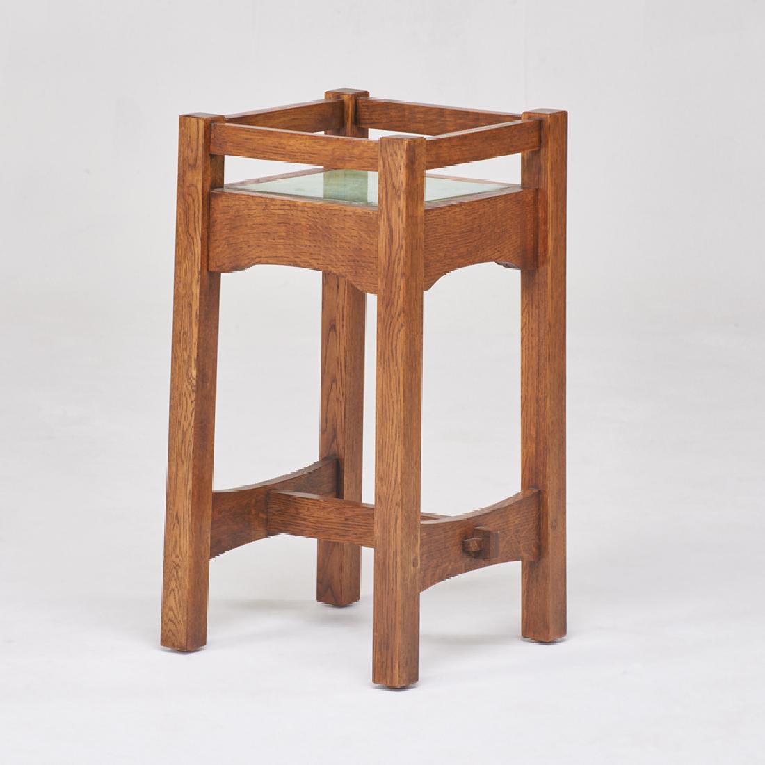 STICKLEY; E.J. AUDI: Contemporary tile-top plant stand in the style of Gustav Stickley, Manlius, NY, 2001 Quartersawn oak, glazed ceramic tile Metal tag, branded mark 26 1/2" x 13 1/2" sq.