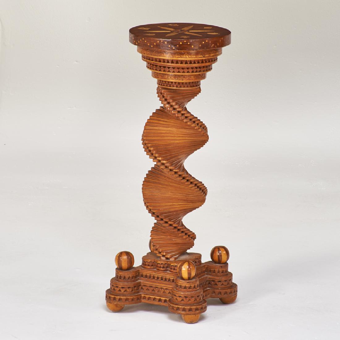 TRAMP ART: Marquetry stand, USA, 1930s/40s Mixed woods Signed "RG" 26" x 10" sq. at base