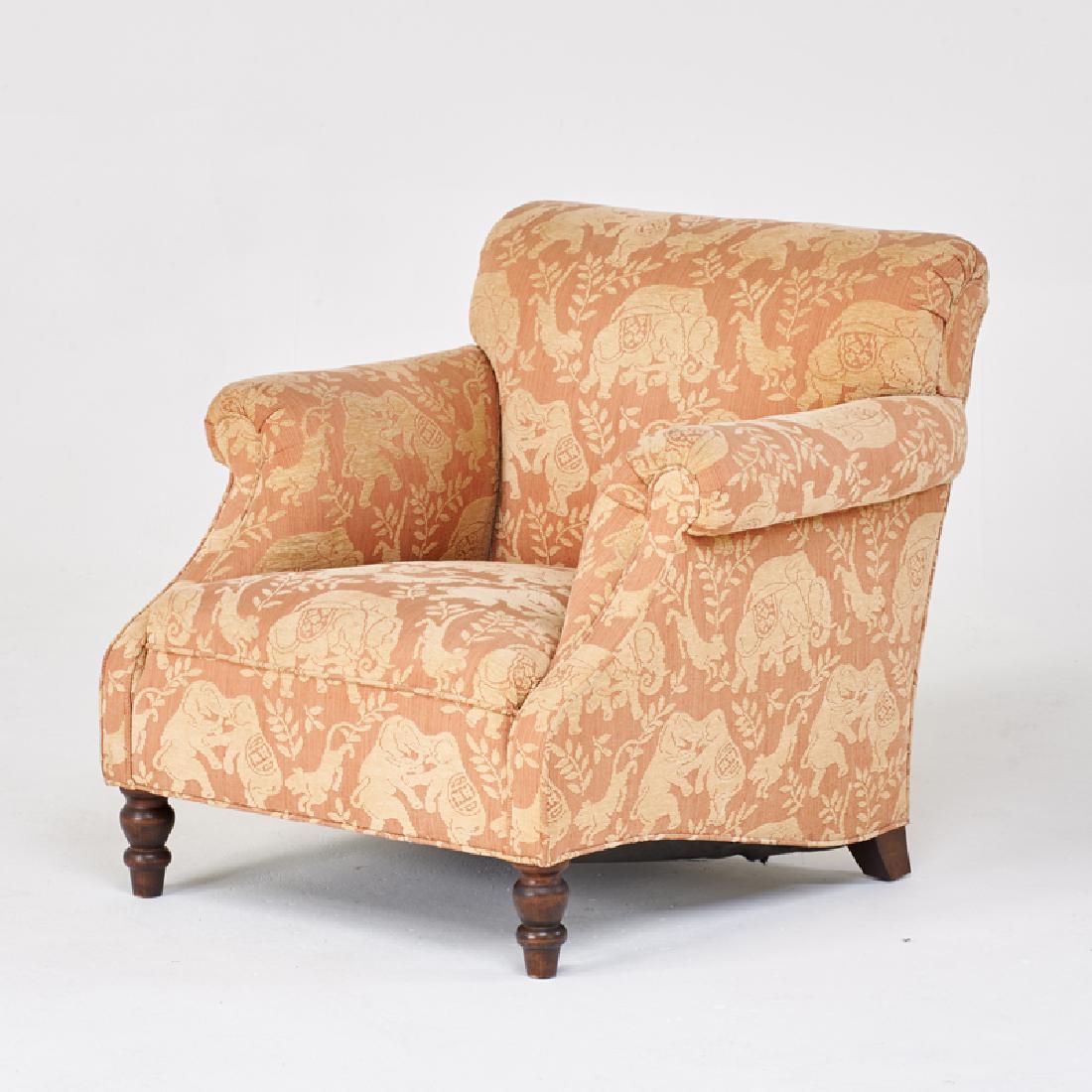 EDWARDIAN STYLE: Roll-arm club chair, on turned legs, USA, third quarter 20th c. Turned wood, upholstery Unmarked 34" x 36" x 36"