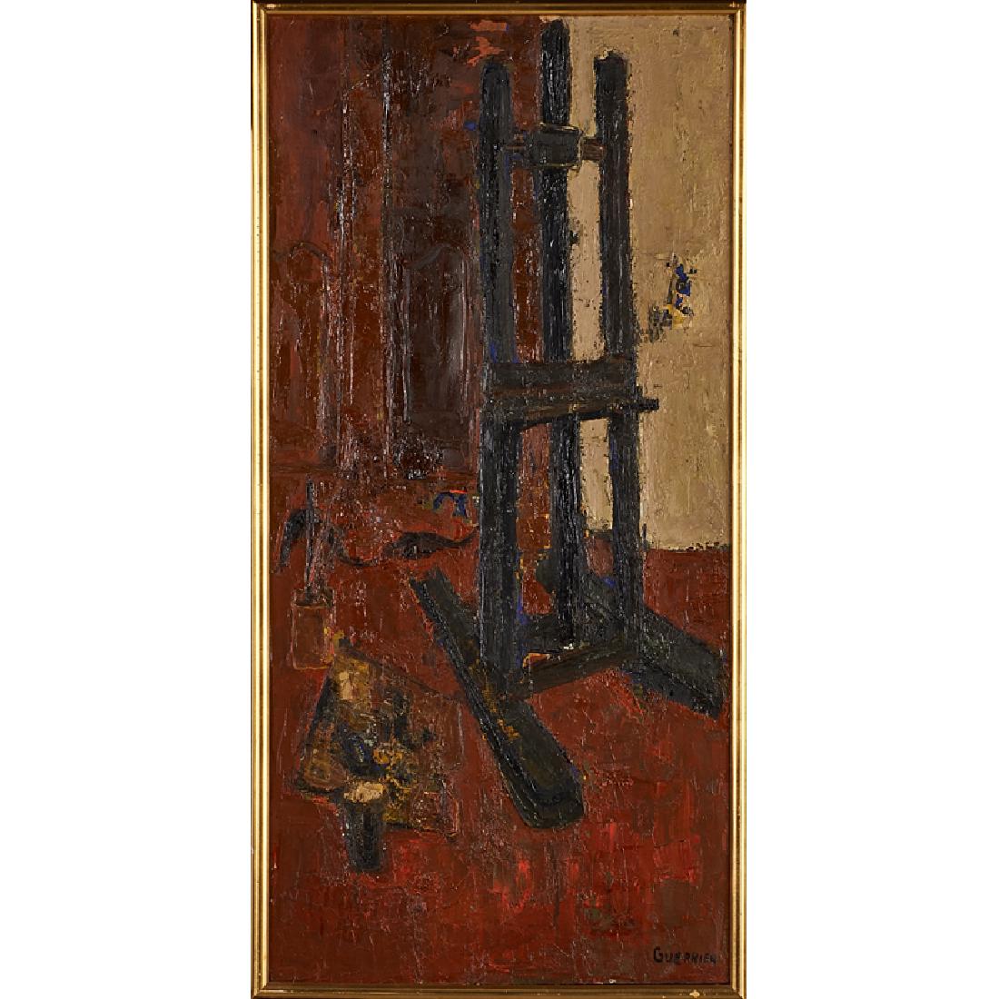 RAYMOND GUERRIER (French, 1920-2002): Oil on canvas Untitled (framed) Signed 39 1/2" x 19 3/4" Provenance: Galerie Stiébel, Paris Arthur Lénars & Co., Paris (labels to verso)