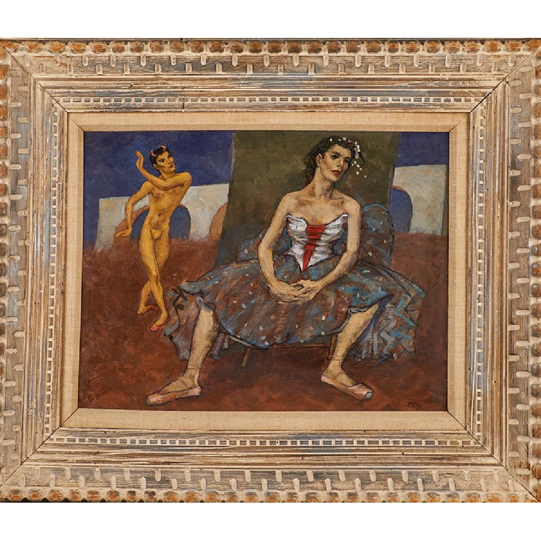 EMLEN ETTING (American, 1905-1993): Oil on board "Dancer Resting" (framed) Signed 15 1/2" x 20 3/4" Provenance: Midtown Galleries, New York (label to verso)