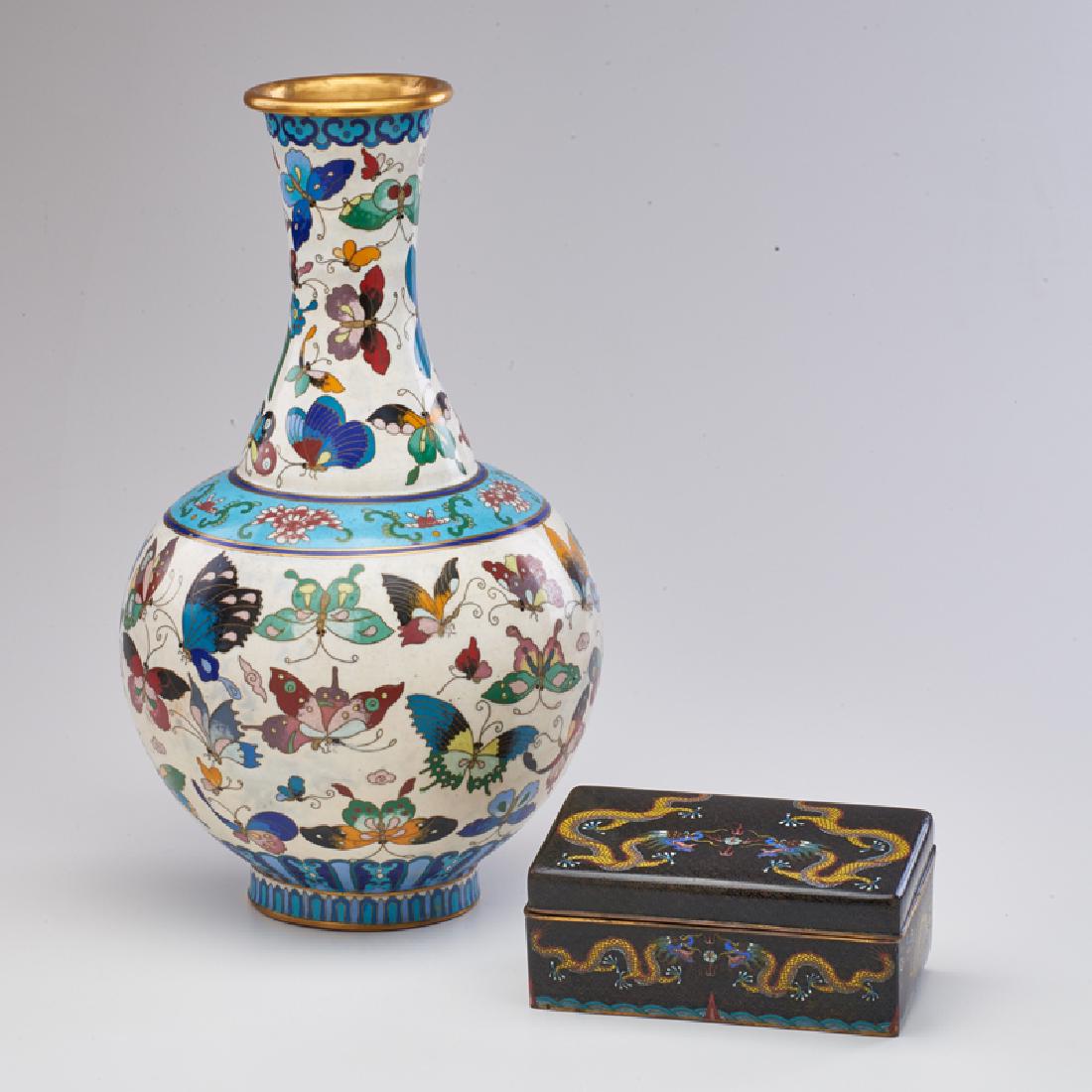 CHINESE: Two cloisonne pieces: vase with butterflies and box with dragons chasing comet motif Wood lining Both unmarked Vase: 15 1/4" x 9" dia.