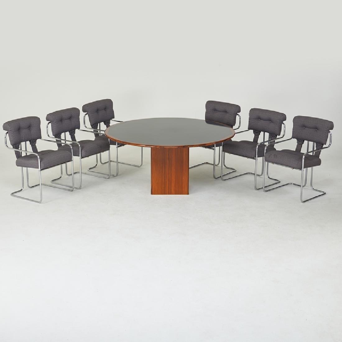 AFRA & TOBIA SCARPA/MAXALTO; MARIANI/PACE: "Artona" dining table, together with six arm chairs, Italy/USA, 1970s/80s Chromed steel, upholstery, Rosewood, ebony, burlwood, brass Table with manufacturer label Table: 27" x 57" dia., chairs: 32 1/