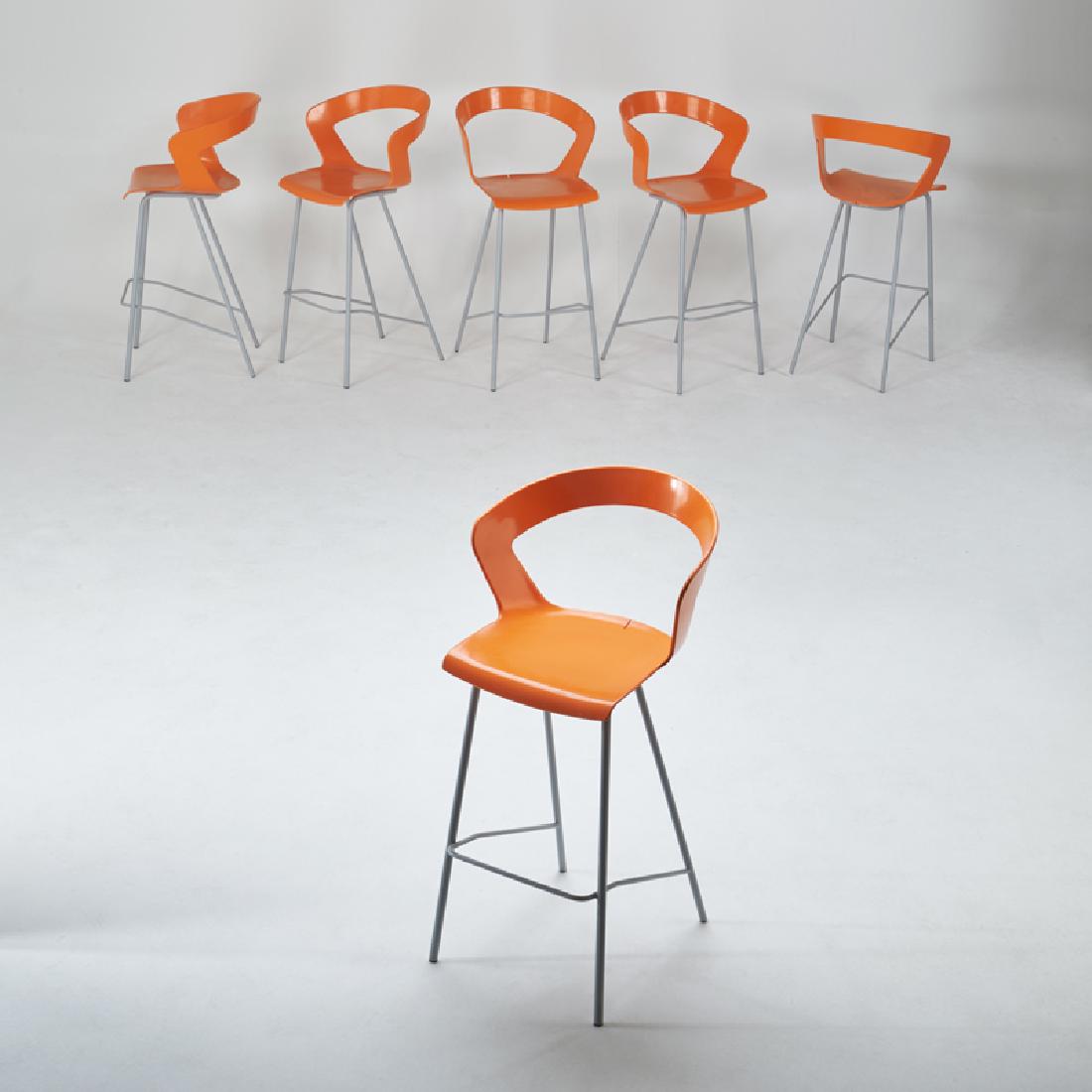 FRANCESCO GERACI; METALMOBIL: Set of six "Ibis 302" bar stools, Italy, des. 2004 Enameled metal, techno-polymer shell Raised manufacturer signatures/retailer label 42" x 21 1/2" x 22 1/2"