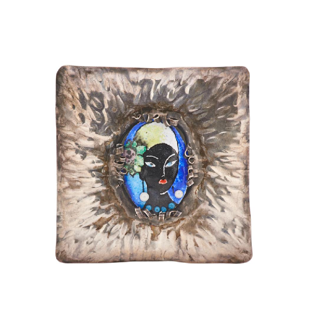 SECESSIONIST: Brooch with female portrait medallion, 20th c. 800 silver, enamel Unmarked 2 1/2" sq.