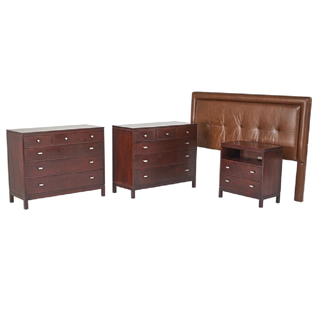 STICKLEY; E.J. AUDI: "Moderne" contemporary bedroom suite: pair of dressers, nightstand, and king-sized headboard Stained cherry, nickeled hardware, leather upholstery Branded mark Headboard: 55" x 81", dressers: 38" x 46