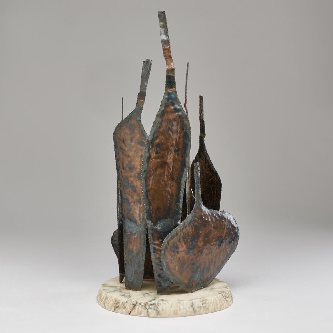 MARCELLO FANTONI (1915 - 2011); RAYMOR: Brutalist bottles sculpture, Italy, 1960s Brazed copper, marble Signed 24" x 10 1/2" dia.