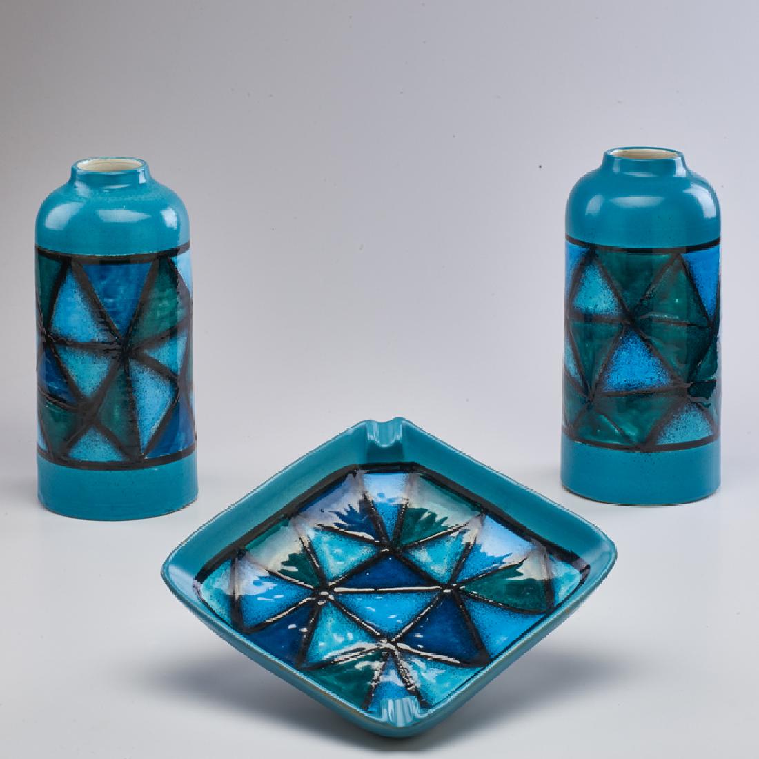 BITOSSI; RAYMOR: Pair of vases with geometric design and matching ashtray, Italy, ca. 1960s Glazed ceramic All marked Vases: 12" x 5 3/4" dia.