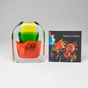 SIMONE CENEDESE (b. 1973): Sommerso sculpture, with signed catalogue and book about the artist, Murano, Italy Blown glass Etched signature and decal 12 1/2" x 9" x 2 3/4"