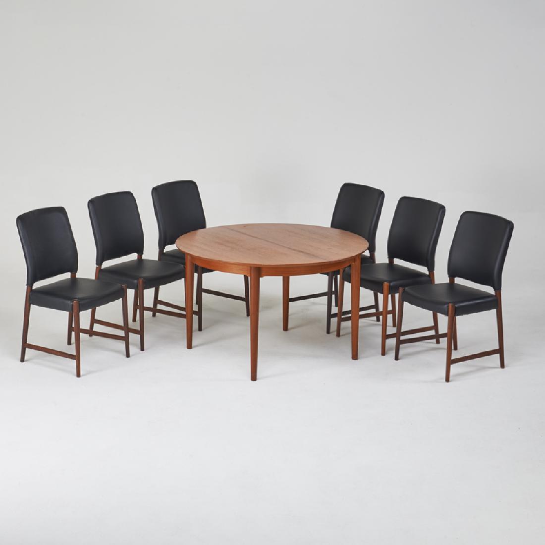 ARNE VODDER; SIBAST MOBLER: Six dining chairs and extension dining table, 1960s Rosewood, teak, vinyl Unmarked Chairs: 36 1/2" x 19" x 22", table: 28 1/2" x 47" dia.