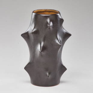 KNUD BASSE; MICHAEL ANDERSEN & SON: Black "Rose Thorn" vase, Denmark, mid 20th c. Glazed ceramic/stoneware Marked 10 1/4" x 6" dia.