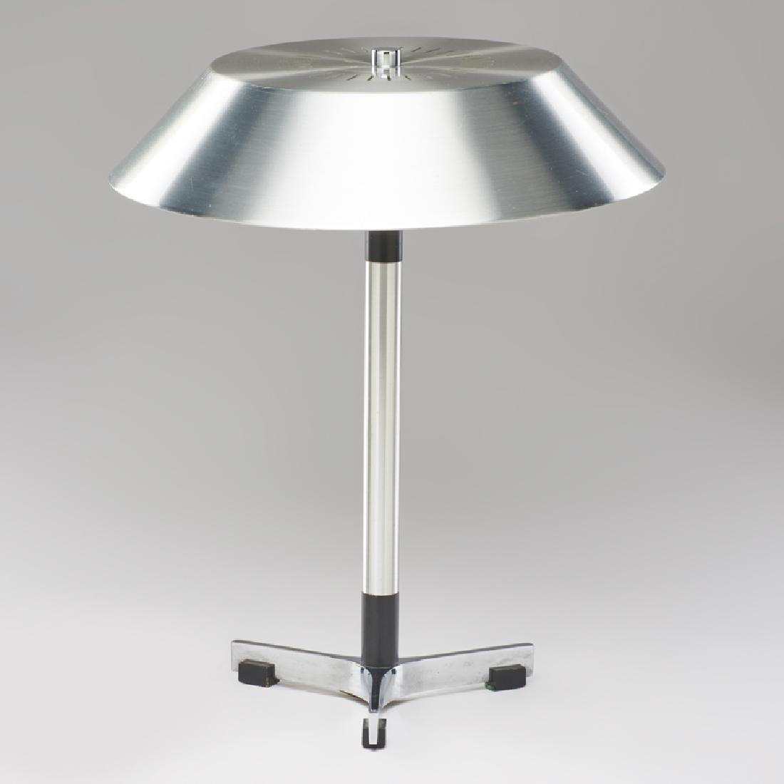 JO HAMMERBORG; FOG & MORUP: "President" table lamp, Denmark, 1960s Spun aluminum, chromed and enameled brass Original manufacturer sticker 18" x 14 1/2" dia.
