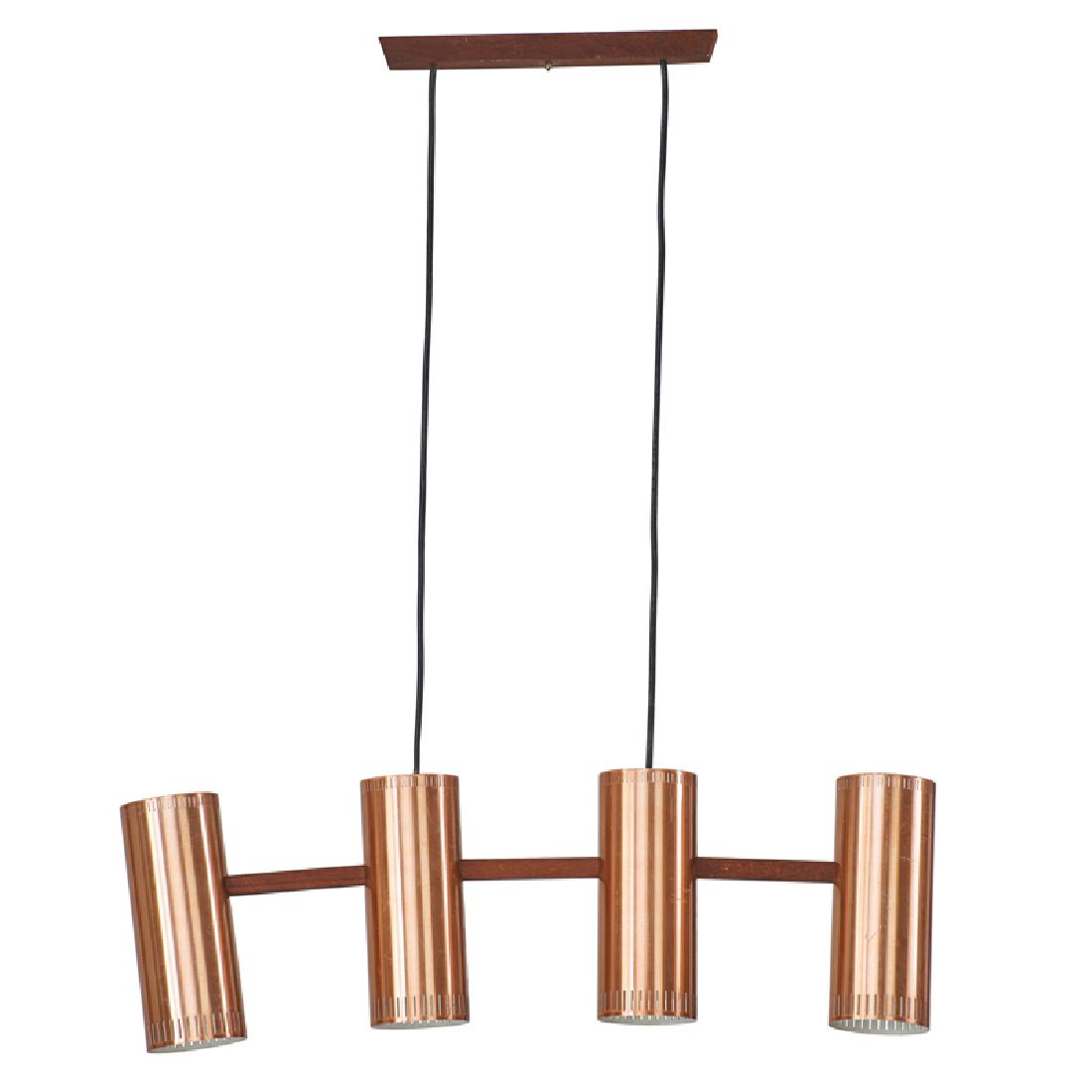 JO HAMMERBORG; FOG & MORUP: IV Cylinder ceiling fixture, Denmark, ca. 1960s Copper-plated steel, stained teak Unmarked To ceiling mount: 40 1/2" x 32 1/2", ceiling mount: 14" x 1 1/4", shades: 4" dia.