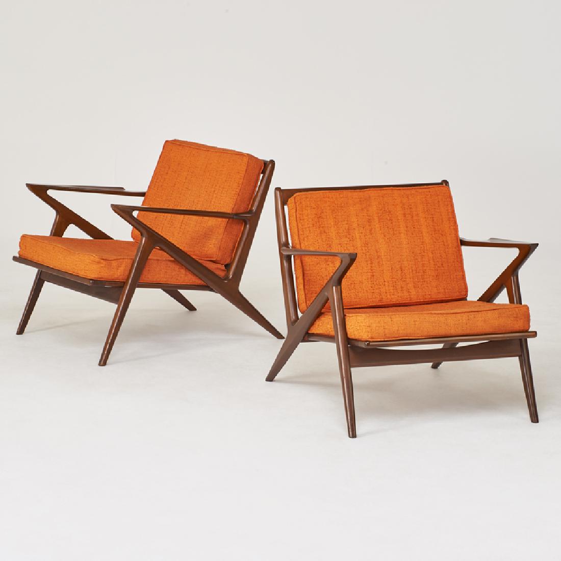 POUL JENSEN; SELIG: Pair of "Z" lounge chairs. Denmark, ca. 1960s Stained beech, upholstery Unmarked 26 1/2" x 30" x 30"