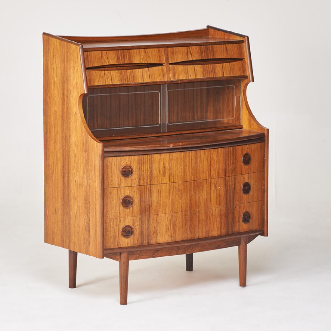 DANISH: Cabinet/secretary, Denmark, 1960s Rosewood, glass Unmarked 44 1/2" x 35 1/2" x (closed) 19" (open) 28 1/2"