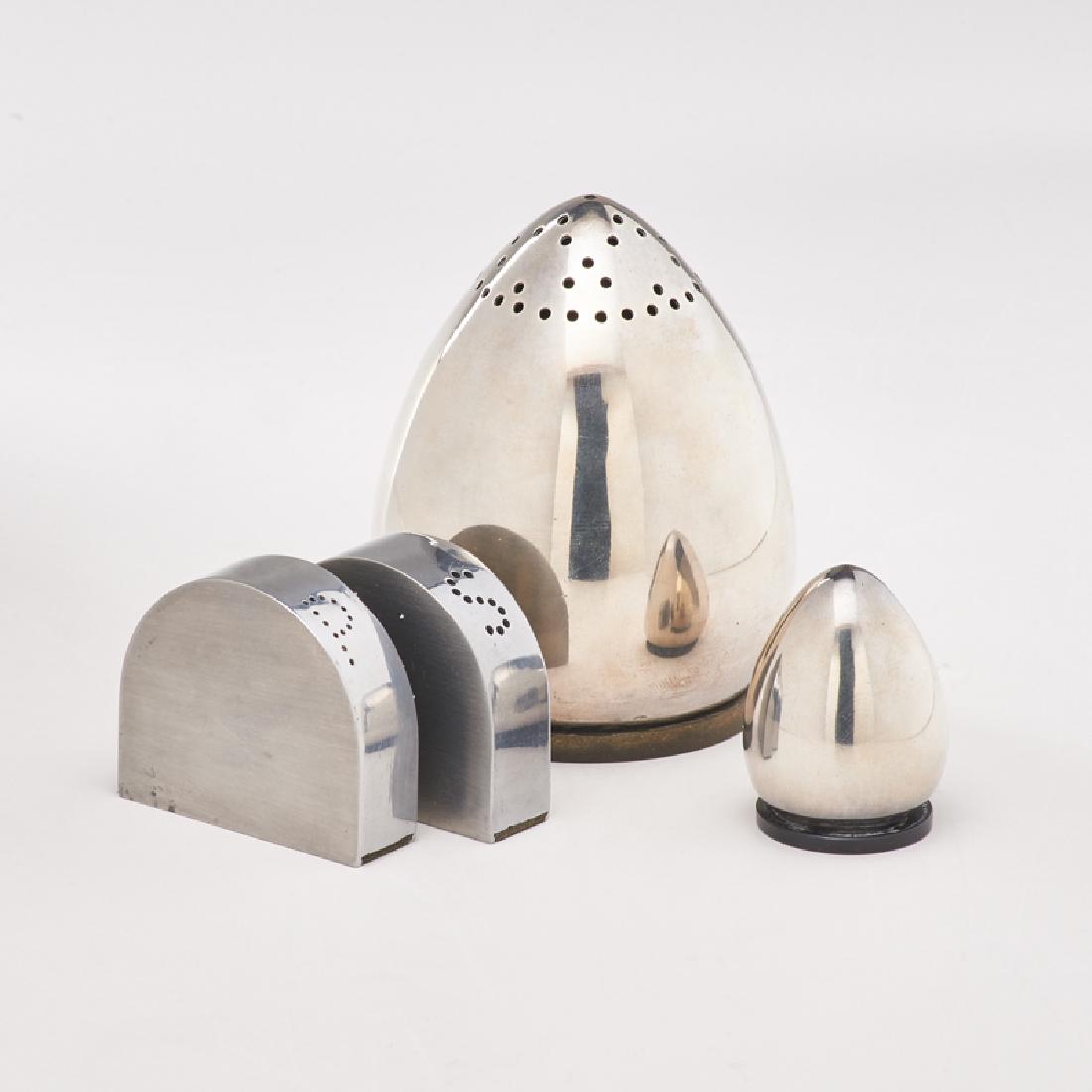 EVALD NIELSEN (1879-1958); WILLIAM LESCAZE; REVERE: Four salt and pepper shakers: Nielsen sterling egg-shaped set, and Lescaze "Duet" set, Denmark/USA, early 20th c./ca. 1935 Sterling silver, cobalt glass insert, metal alloy and bakelite Nielsen shaker