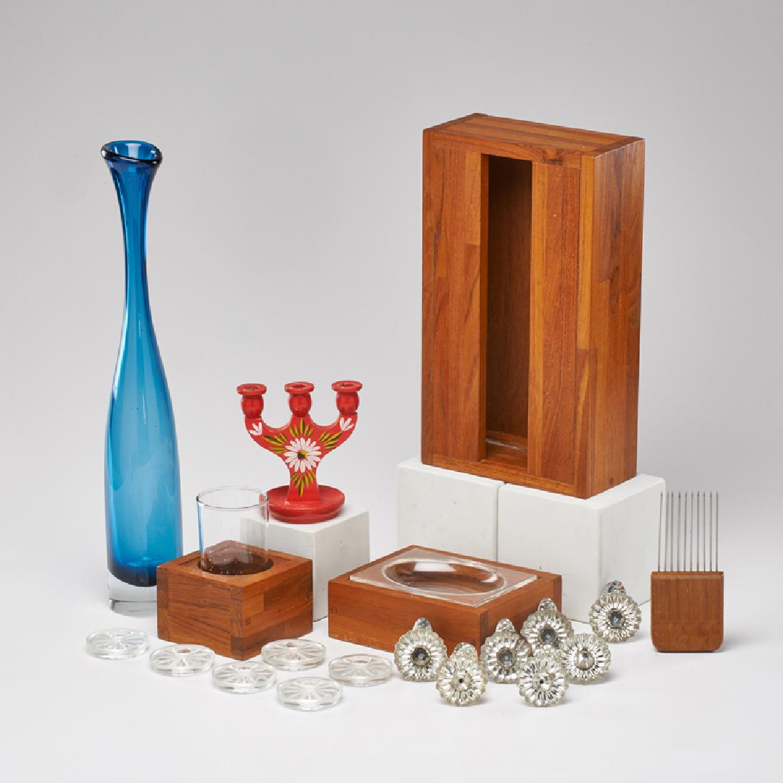 PEDER MOOS; ASEDA, ETC.: Fifty-five pieces: triangular wall-mounting shelf, bud vase, six Taper candle holders, forty clip-on floriform candle holders, and bathroom set including toilet paper and towel bar, hair pick, and tis