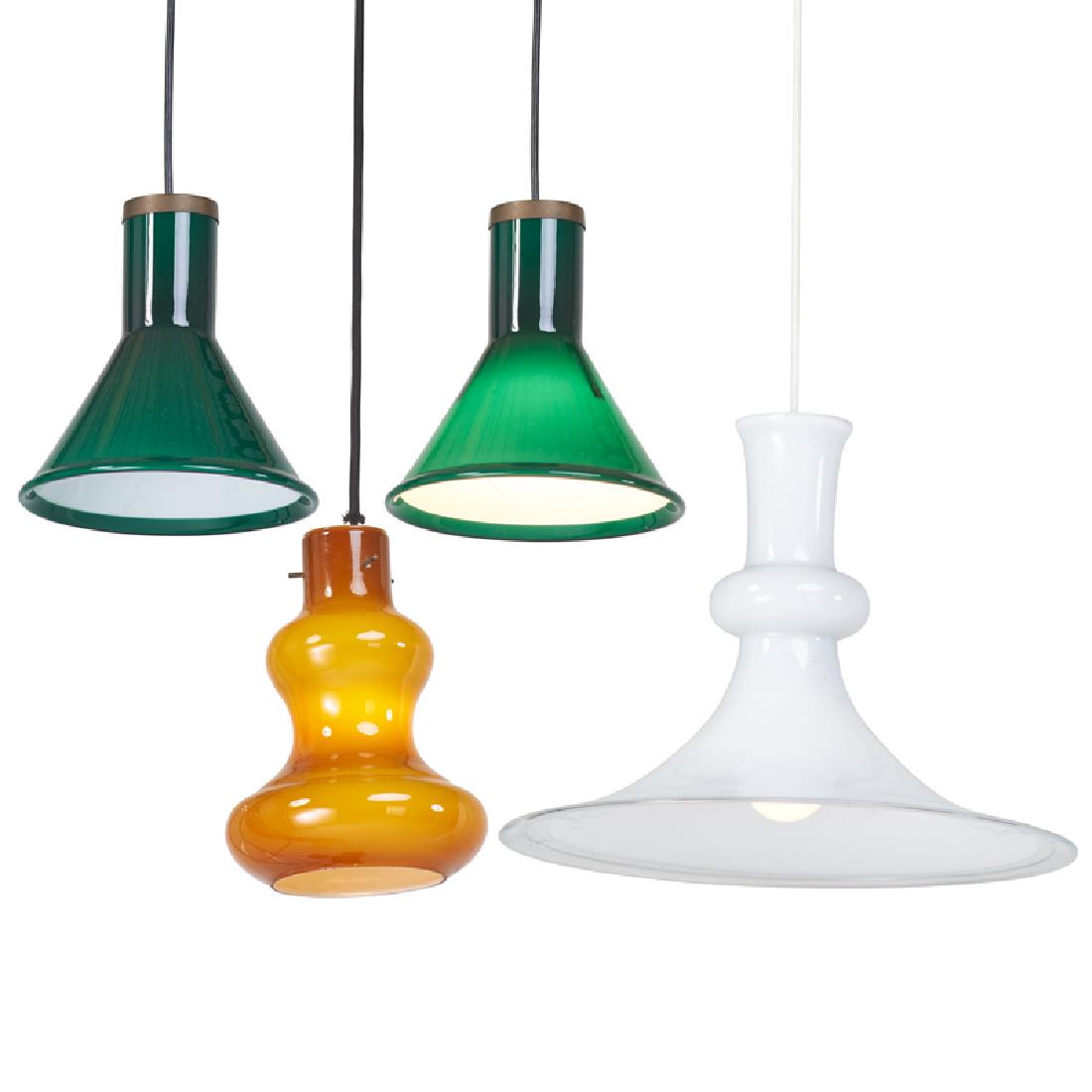 DANISH: Three glass single-socket pendant lamps, 1960s/70s Largest marked Holmegaard, others unmarked Largest: 11" x 15" dia.