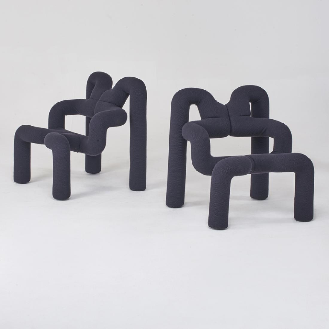TERJE EKSTROM (b. 1944): Pair of "Ekstrem" lounge chairs, Norway, 1980s Fabric-covered foam, steel Unmarked 31" x 28" x 28"