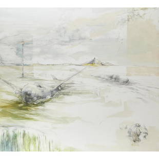 KELLY MCLANE (American, b. 1968): Oil and graphite on canvas over panel "Moby's Dock," 2004 Signed, titled and dated to verso 54" x 60" Provenance: Angles Gallery, Santa Monica (label to verso)