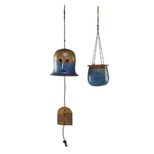 MICHAEL COHEN (b. 1936); WILLIAM WYMAN (1922-1980): Michael Cohen figural chime, and William Wyman hanging planter, Massachusetts, ca. 1950s/60s Glazed stoneware, brass, roped twine Both marked Chime: 44" x 9" dia.