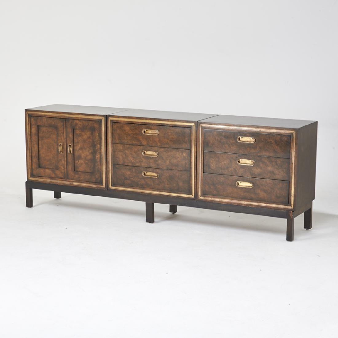 MASTERCRAFT: Three-bay cabinet, USA, 1980s Stained burlwood, patinated metal Manufacturer labels 35 1/2" x 100" x 19"