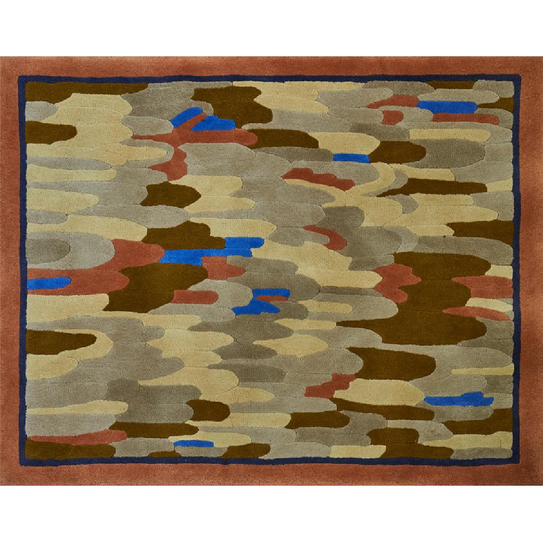 EDWARD FIELDS: Wool area rug with overall tree bark pattern, surrounded by double border, New York, ca. 1970s Stenciled on selvedge 67" x 56"