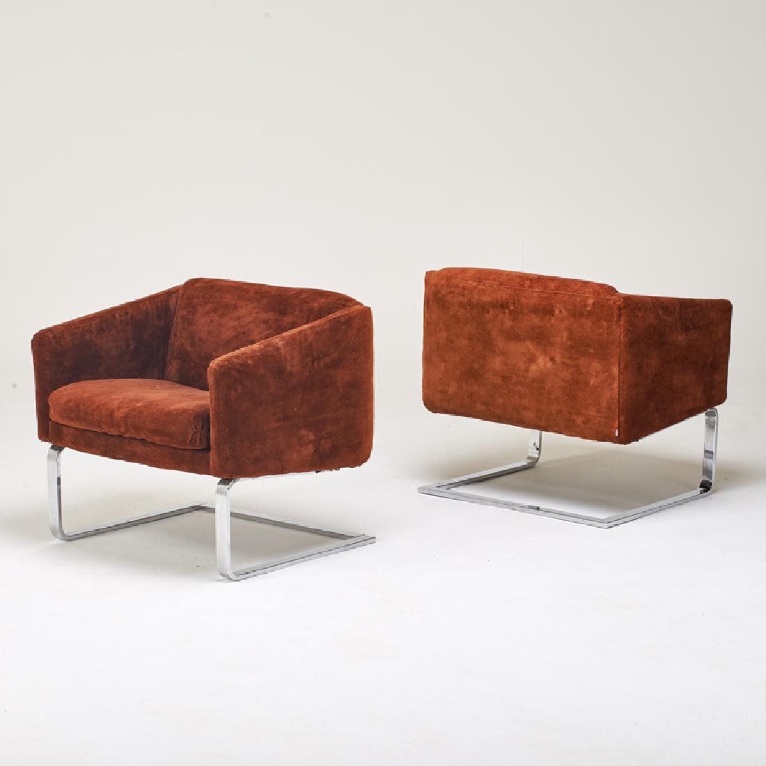 SELIG: Pair of cantilever lounge chairs, USA, 1970s/80s Chrome steel, upholstery Upholstery labels 28" x 29" x 29"