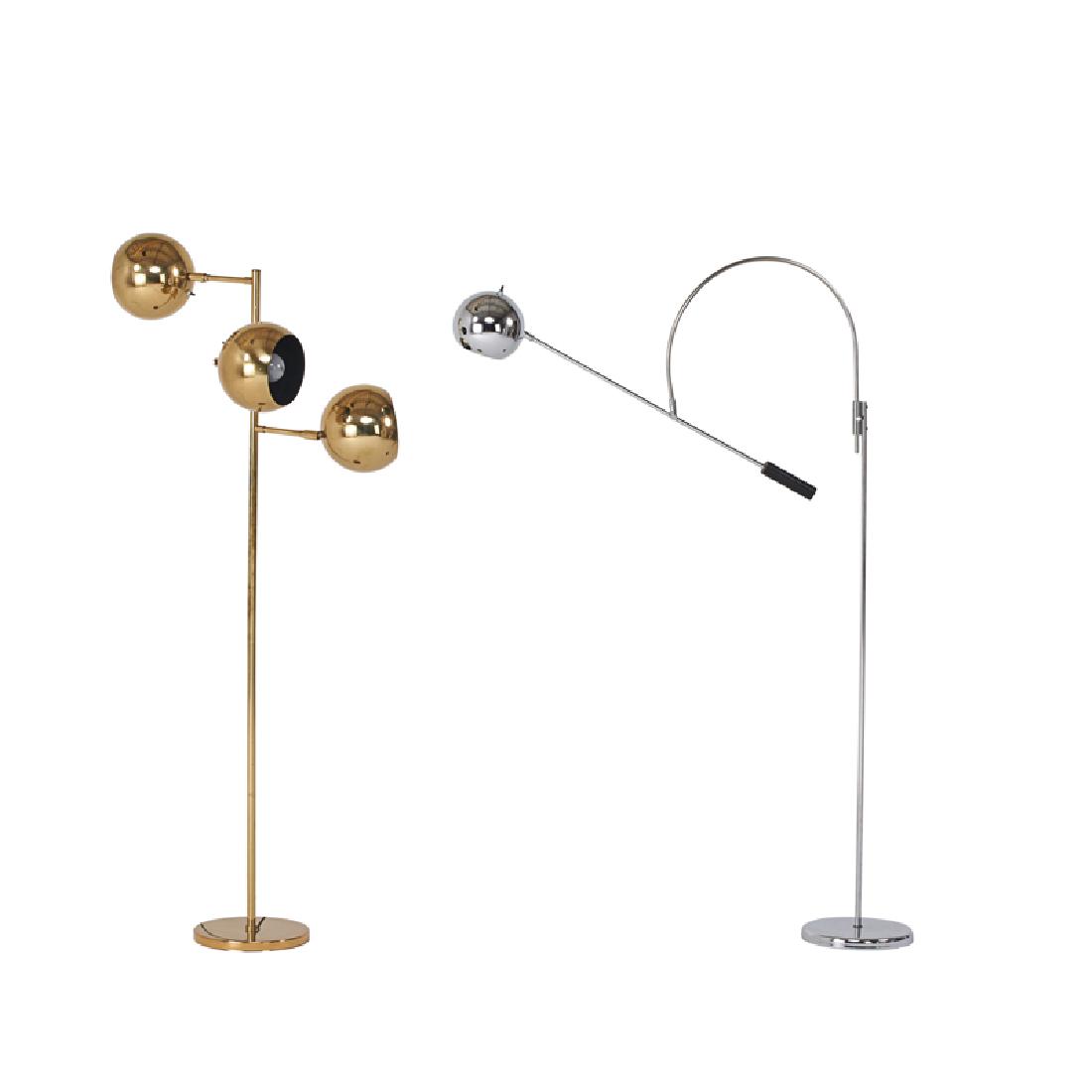 ROBERT SONNEMAN; KOCH & LOWY: Orbiter adjustable floor lamps Chromed steel, brass Unmarked Sonneman: 60", K&L: 58"