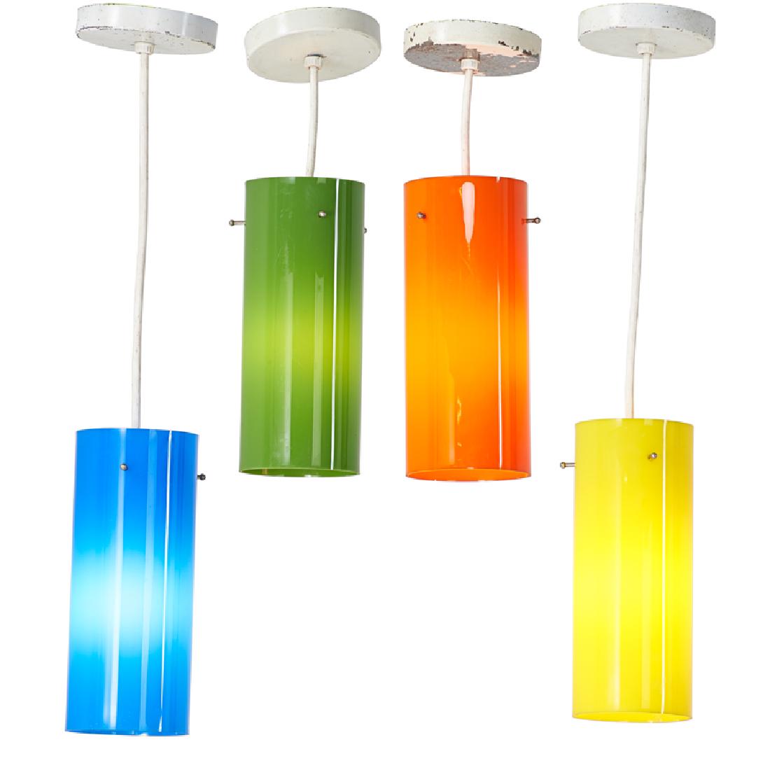 MID-CENTURY MODERN: Four cylindrical pendant lamps, mid 20th c. Enameled metal, acrylic Unmarked To ceiling cap: (Orange/Green) 17 1/2" x 4 1/2" dia., (Blue/Yellow) 27" x 4 1/2" dia.