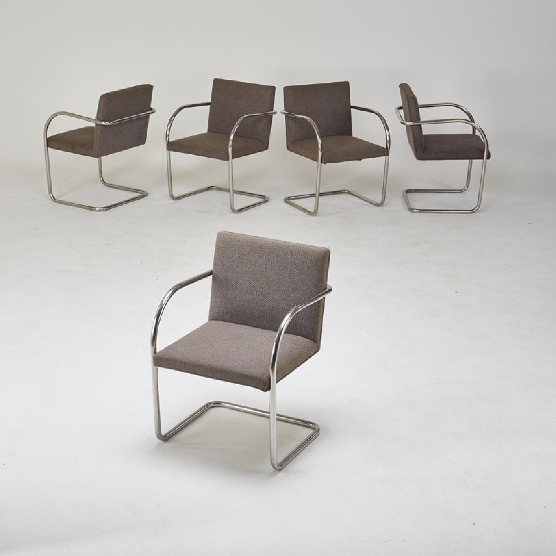 MIES VAN DER ROHE; KNOLL INTERNATIONAL: Set of five BRNO armchairs, New York, 1980s Tubular stainless steel, fabric upholstery Upholstery labels 31 1/2" x 22" x 25"