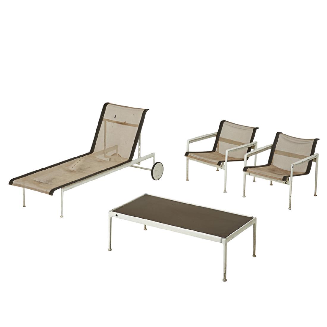 RICHARD SCHULTZ; KNOLL ASSOCIATES: Chaise lounge, two lounge chairs and coffee table, USA, 1960s Enameled aluminum and steel, mesh, stitched leather Unmarked Lounge: 36" x 27" x 75", lounge chairs: 28" x 26 1/2" x 28", coffee table: 16