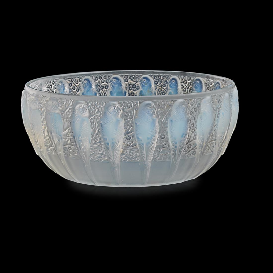 LALIQUE "Perruches" bowl: LALIQUE "Perruches" bowl, France, des. 1931 M p. 302, no. 419 Opalescent glass R. LALIQUE FRANCE acid stamp 4 1/8" x 9 3/4"