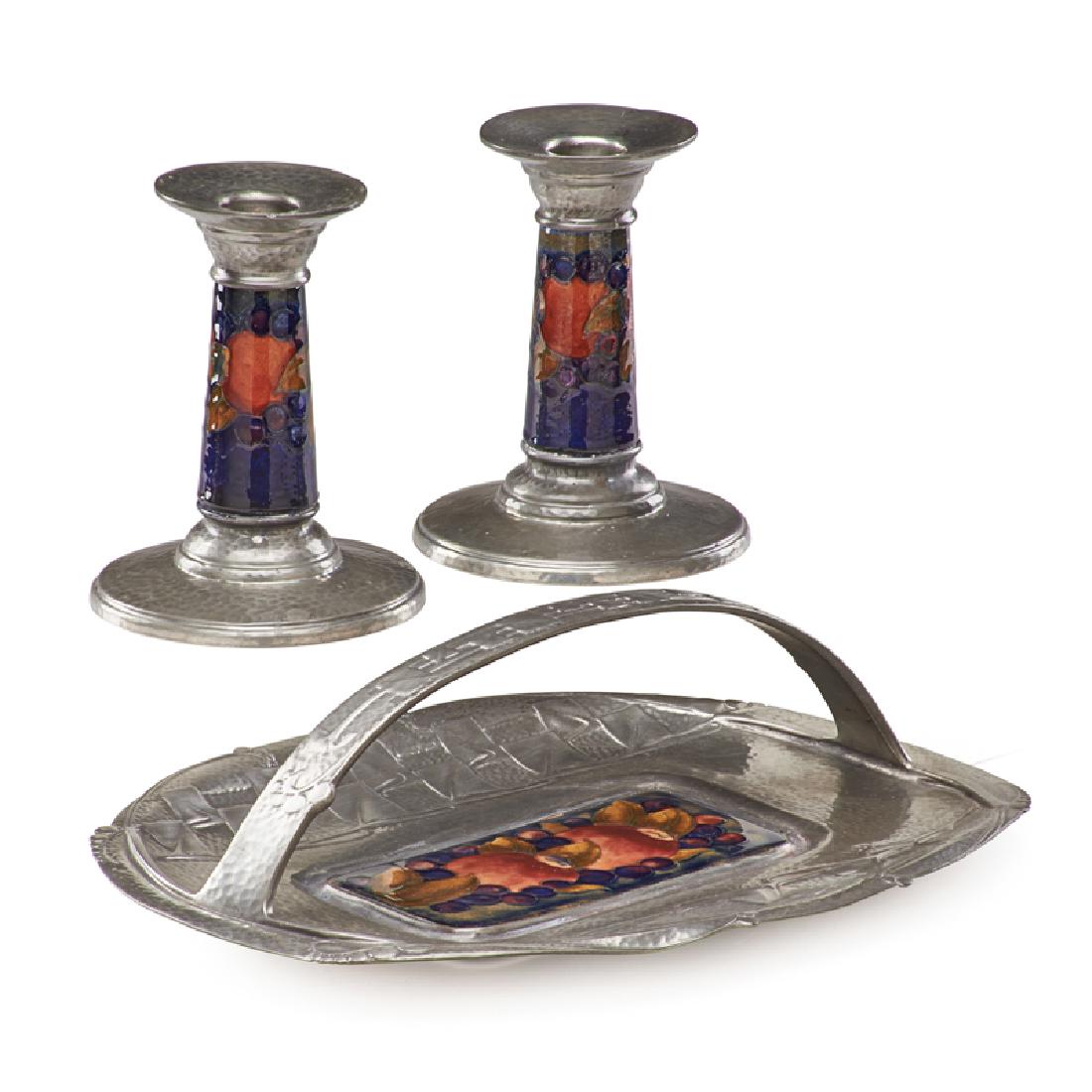MOORCROFT; LIBERTY & CO. Candlesticks, tray (1 of 2)