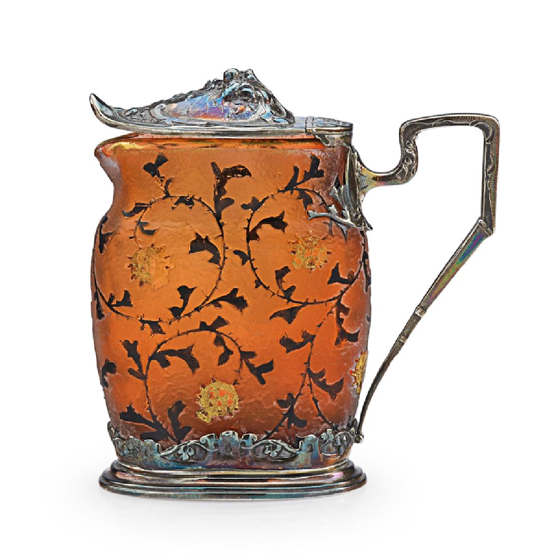 DAUM Early Japonesque pitcher: DAUM Early Japonesque pitcher with pomegranates, France, late 19th C. Acid-etched, enameled, and gilt glass, silver Gilt signature to base 4 1/2" x 4 1/2" x 1 1/2" Provenance: Private collection, Mont