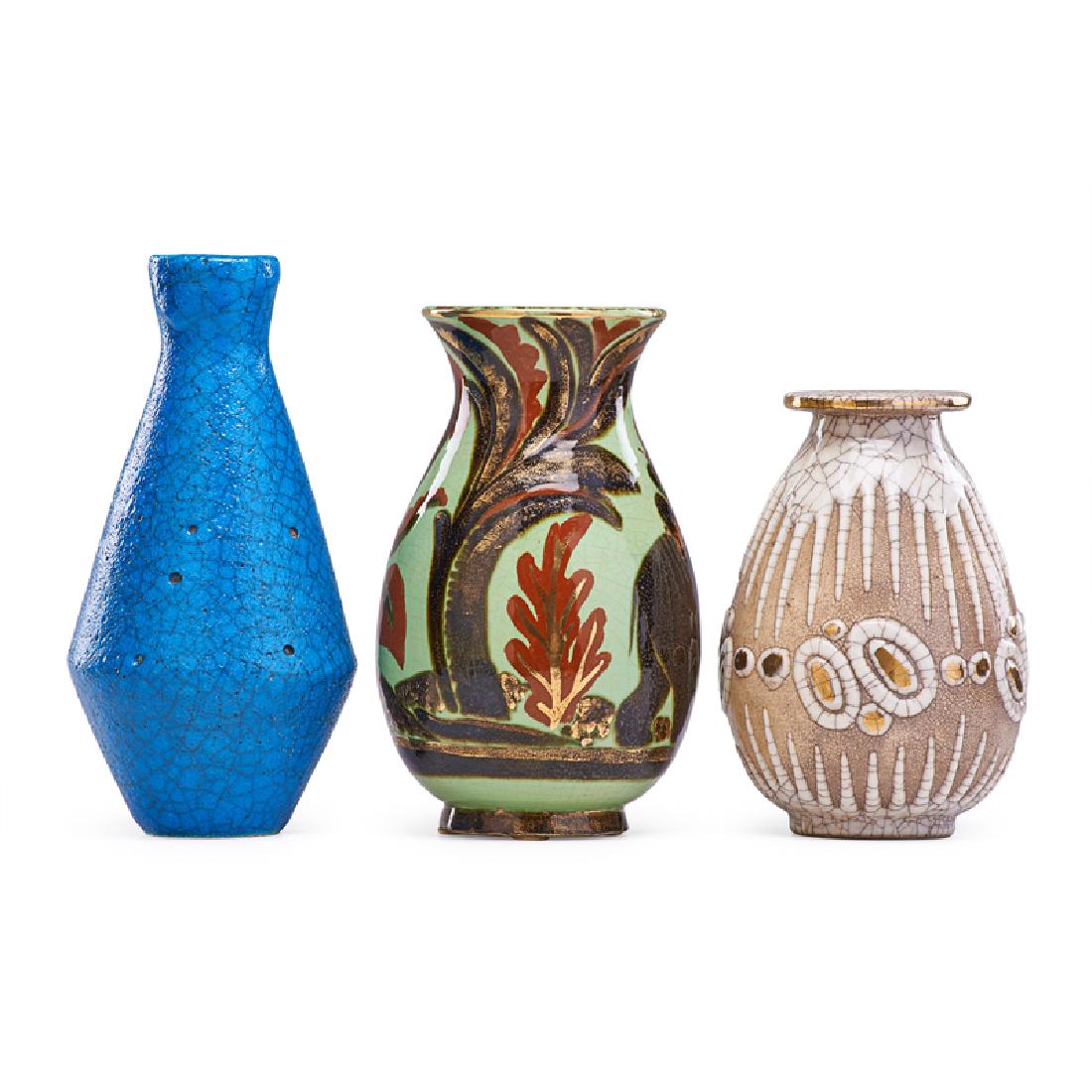 RENE BUTHAUD Three vases: RENE BUTHAUD (1886 - 1986) Three vases, France, early to mid-20th C. Glazed earthenware All signed Largest: 10" x 5 1/2"