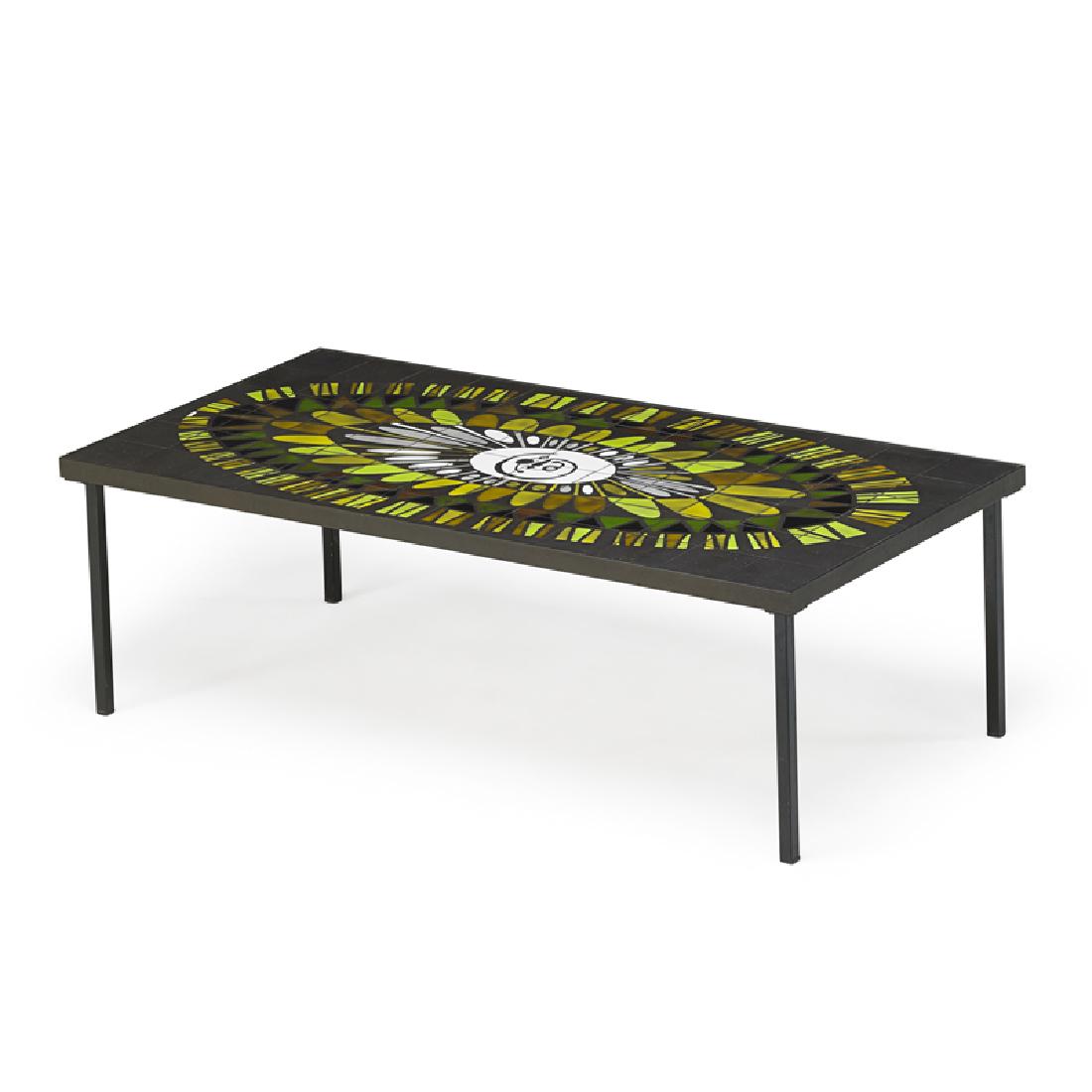 ROGER CAPRON Coffee table: ROGER CAPRON (1922 - 2006) Coffee table with tiles, France, 1960s Glazed tile, enameled steel Signed 13 1/2" x 37 1/2" x 24"