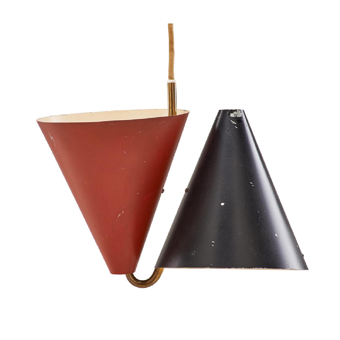 SVEND AAGE SORENSEN Pendant fixture: SVEND AAGE SORENSEN (1913 - 2004) LYFA Pendant fixture, 1950s Brass, enameled aluminum, two sockets Unmarked 9" x 12" x 6 3/4"