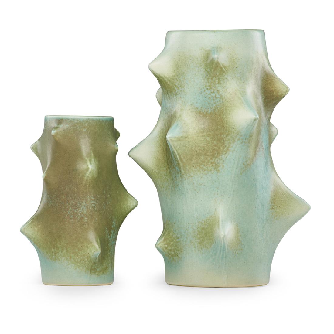 KNUD BASSE Two "Rose Thorn" vases: KNUD BASSE (1916 - 1991) MICHAEL ANDERSEN & SONS Two "Rose Thorn" vases, Denmark, mid-20th C. Glazed earthenware Both signed 10 1/4", 6 3/4"