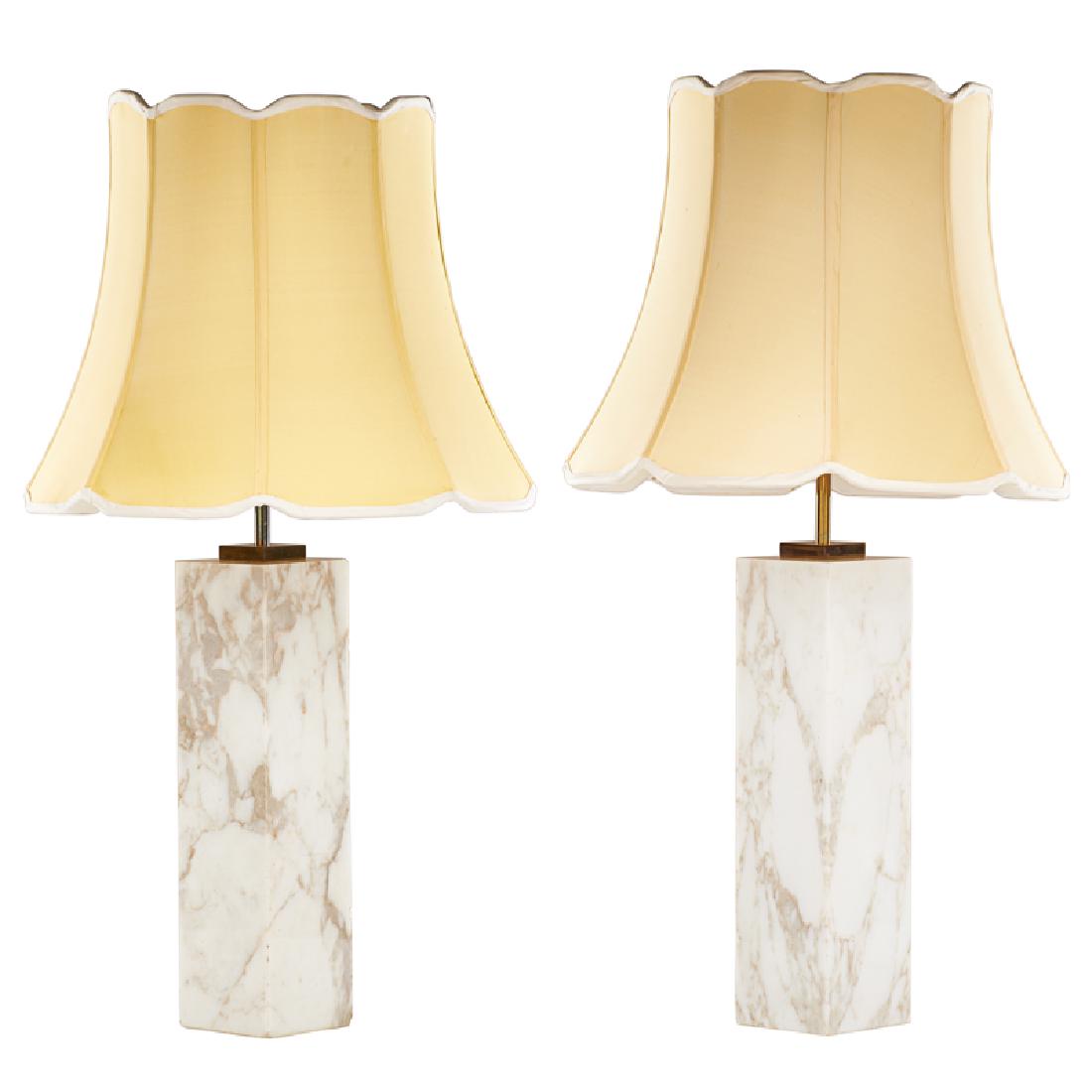T.H. ROBSJOHN-GIBBINGS; HANSEN Pair of table lamps: T.H. ROBSJOHN-GIBBINGS (1905 - 1976) HANSEN LIGHTING CO. Pair of table lamps, New York, 1960s Marble, brass, two sockets each Unmarked To finial of taller: 30" x 4" x 4"