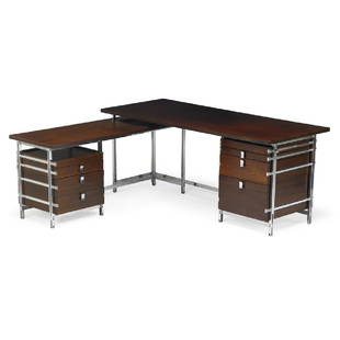 JULES WABBES Desk with return: JULES WABBES (1919 - 1974) Desk with return, Belgium, 1960s-70s Chromed steel, rosewood Handles stamped WABBES Desk: 29 1/2" x 71" x 30", return: 26" x 60" x 20 1/2"