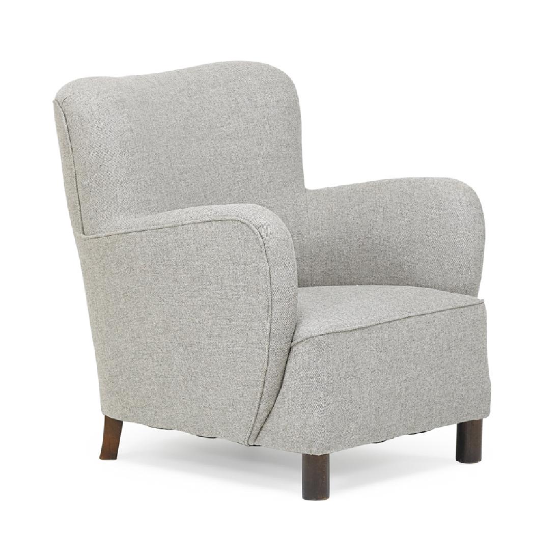 STYLE OF FLEMMING LASSEN Lounge chair: STYLE OF FLEMMING LASSEN Lounge chair, Denmark, 1950s Stained wood, upholstery Unmarked 32" x 30" x 33"