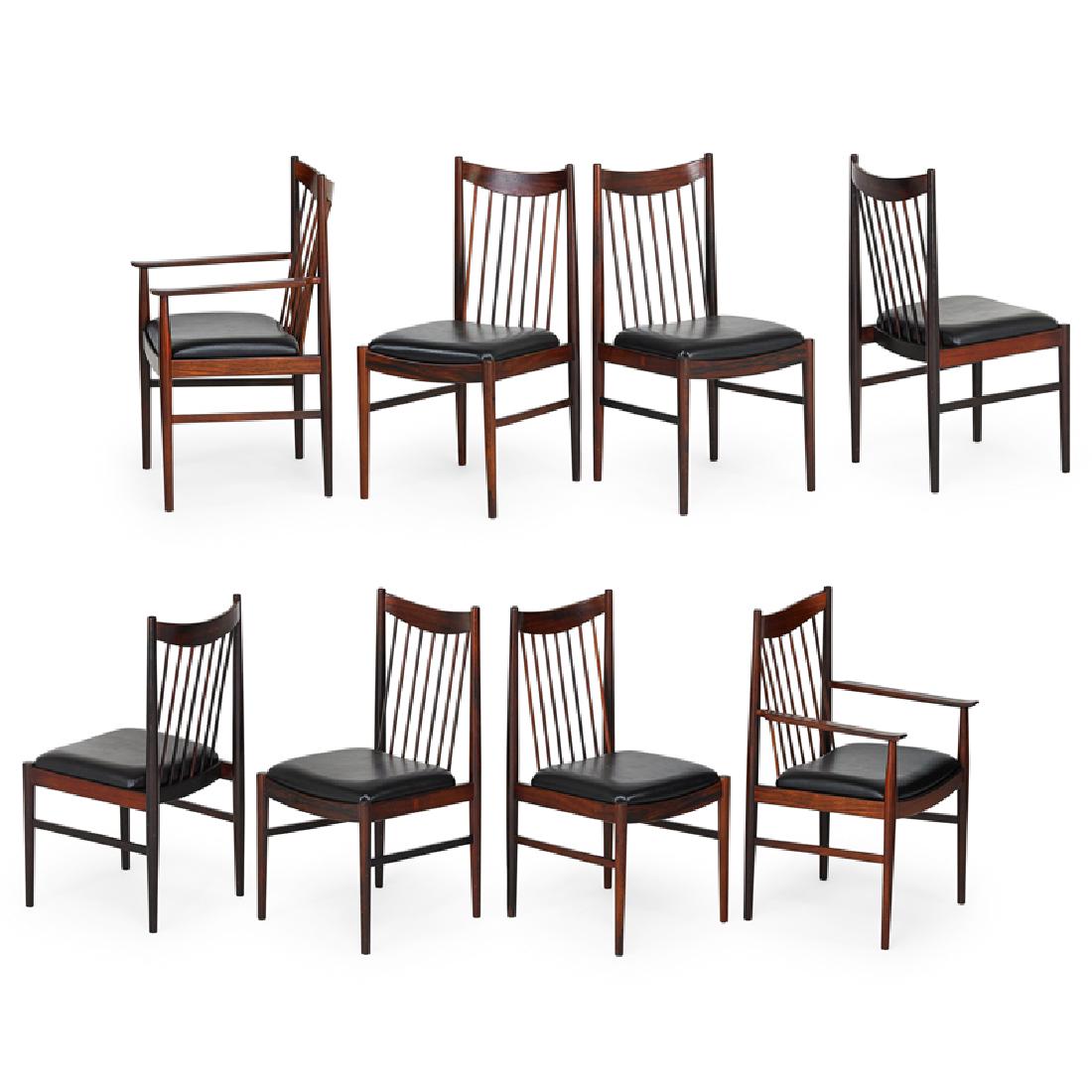 ARNE VODDER; SIBAST Set of dining chairs: ARNE VODDER (1926 - 2009) SIBAST Set of eight dining chairs, two arm and six side, Denmark, 1960s Rosewood, leather Foil labels Arm chair: 39" x 22" x 22 1/2", side chair: 38 1/2" x 19 1/2" x 22"