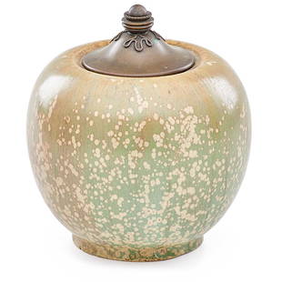 NORDSTROM; ANDERSEN; ROYAL COPENHAGEN Lidded vase: PATRICK NORDSTROM (1870 - 1929) KNUD ANDERSEN (1890 - 1980) ROYAL COPENHAGEN Lidded vase, Denmark, 1921 Glazed porcelain, bronze Signed PN/blue wavy line stamp/4-6/1921/III 6 3/4" x 5 3/4" Provenance: