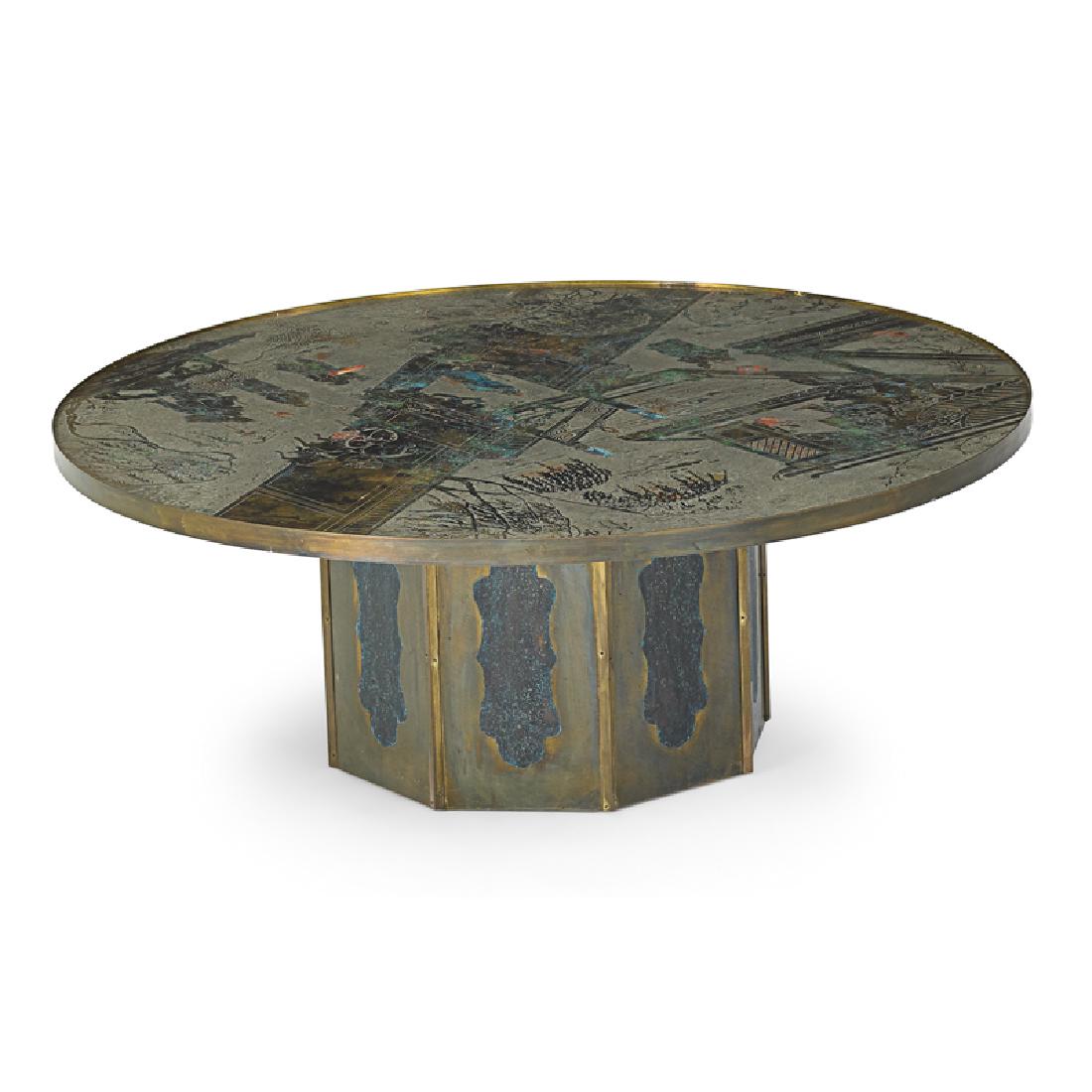 PHILIP AND KELVIN LaVERNE Chan table: PHILIP LaVERNE (1907 - 1987) KELVIN LaVERNE (b. 1937) Chan table, New York, 1960s Patinated, polychromed bronze Raised signature and paper label 17 1/2" x 47 dia.