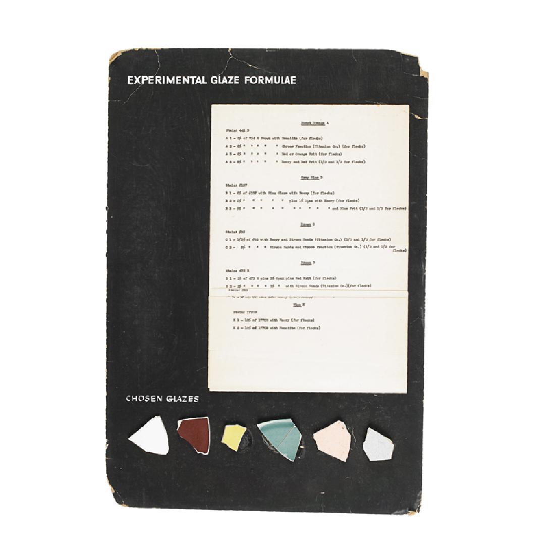 RUSSEL WRIGHT; MARY WRIGHT Glaze "bible": RUSSEL WRIGHT (1904 - 1976) MARY WRIGHT (1905 - 1952) Glaze "bible" with clay bodies, firing temperatures, and glaze formulas, USA, early 20th C. Cardboard, paper, glazed earthenware Unsigned 20" x 14